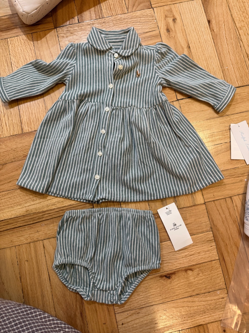 NWT Ralph Lauren 0-3 month classic green striped dress with bloomer
